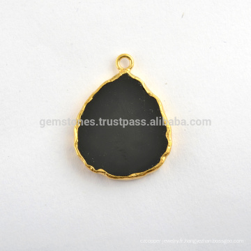 Vente en gros Black Onyx Slice Gemstone Bezel Station Micron Plaqué or Sterling Silver Bezel Connector and Charm